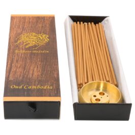 Bakhoor BoSidin – Oud Wood Bakhoor Incense Sticks Cambodi Fragrance 50pcs 3mm with Brass Incense Burner – A79-1