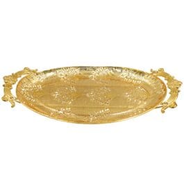 Luxury Gold-Plated Metal Serving Tray with Ornate Handles | Elegant Decorative Oval Tray for Home & Events – 600