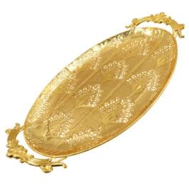 Luxury Gold-Plated Metal Serving Tray with Ornate Handles | Elegant Decorative Oval Tray for Home & Events – 600