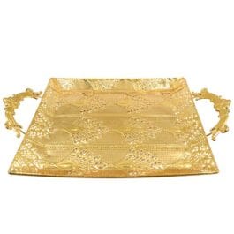 Luxury Gold-Plated Metal Serving Tray with Ornate Handles | Elegant Decorative Square Tray for Home & Events – 602