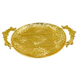Luxury Gold-Plated Metal Serving Tray with Ornate Handles | Elegant Decorative Round Tray for Home & Events – 603