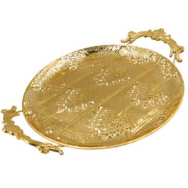 Luxury Gold-Plated Metal Serving Tray with Ornate Handles | Elegant Decorative Round Tray for Home & Events – 603